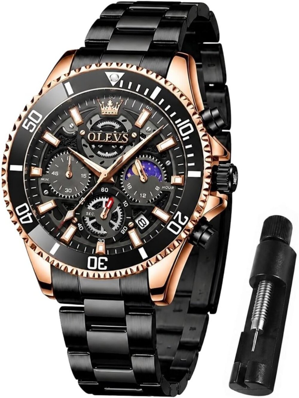 Men's Rose Gold and Black Stainless Steel Waterproof Business Date Wrist Watch